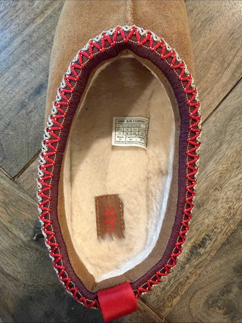 UGG Chestnut Suede Slip-On Platform Slippers with Red Trim - Picture 6 of 6